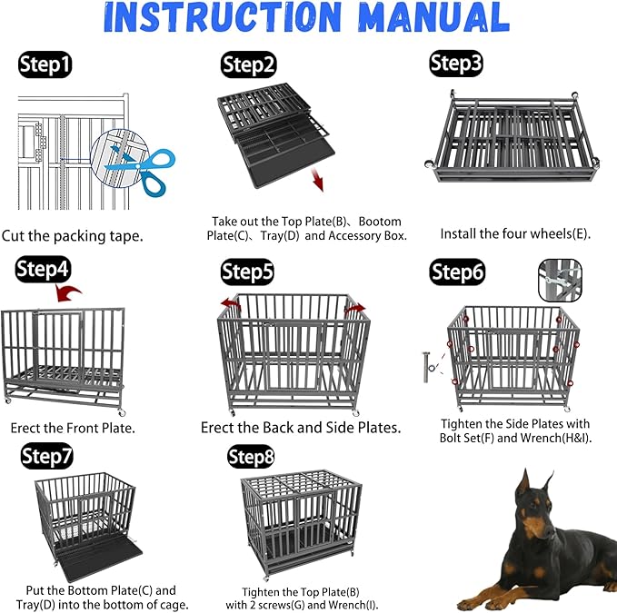 Confote 48" Heavy Duty Dog Crate Cage Kennel Metal Pet Crate Cage Indoor Outdoor Pet Kennel for Large Dogs with Removable Tray, Double Door