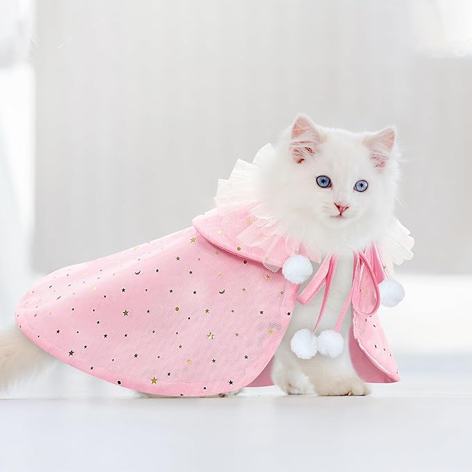 KOUPA Pet Wedding Costume for Cat Small Dogs, Sparkly Cat Clothes Tulle Cloak for Puppy Kitten, Halloween Dog Outfit Suit for Party Holiday Christmas, Pink