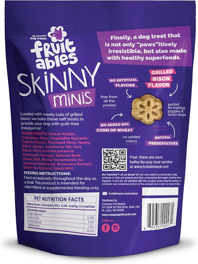 Fruitables Skinny Mini Dog Treats, Healthy Sweet Potato Treat for Dogs, Low Calorie & Delicious, Puppy Training, No Wheat, Corn or Soy, Made in The USA, Grilled Bison Flavor, 12oz