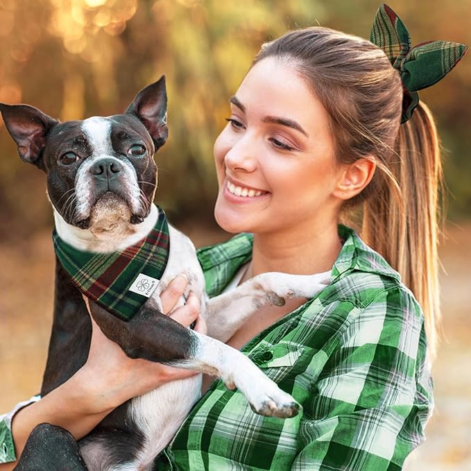 E-Clover Christmas Cute Dog Bandanas Plaid Dog Bandana Matching Scrunchie Pet Kerchief Scarf for Medium Large Dogs Boy Girl Green Red