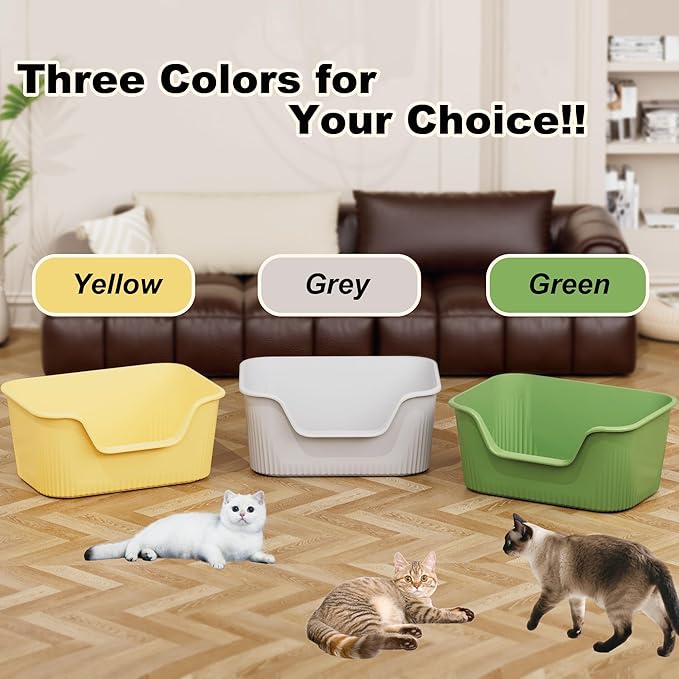 Large Cat Litter Box with High Sides 21.5 * 16.1 * 10.4 inches Big Litter Boxes for Large Cats Easy Clean Open Litter Box, Anti-Splashing&Leak-Proof, Yellow