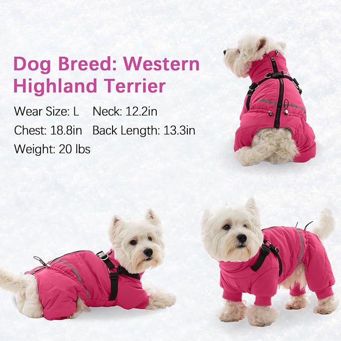 BRKURLEG Dog Winter Coat with Harness Built in, Winter Dog Jacket for Small and Medium Dogs, Small Dogs Snowsuit Reflective Windproof Cold Weather Coat, Puppy Warm Fleece Coats, Hot Pink, S