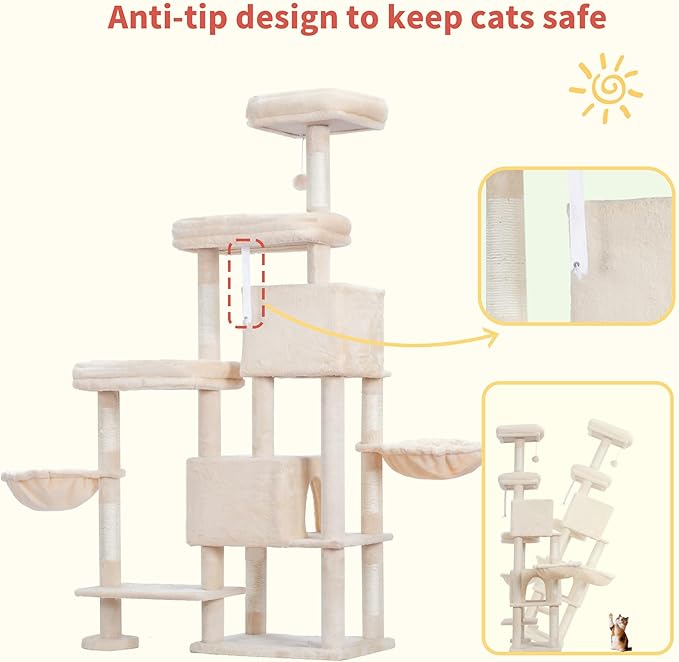 Hey-brother Cat Tree Tower, Scratching Posts with a Extended Part, Wide Platforms, Cozy Condos, Hammocks, Sisal Columns and Ball for Indoor Cats, 70.1 Inches, Beige MPJ038M