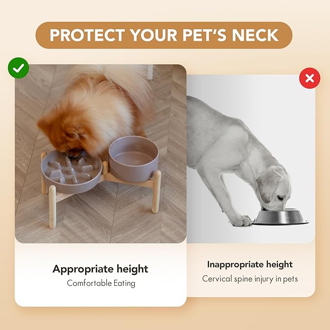 Ceramic Raised Slow Feeder Dog Bowl Set, Elevated 6.1inch Bowl and 7.3inch Slow Pet Food Dish with Wooden Stand for Small and Medium Dog (2 x Brown Coffee+ Stand)