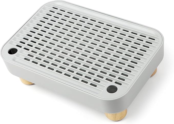 Cat Litter Box Step Ramp, Cat Litter Catcher Mat with Wooden Feet, Filter Function, Pedal Stool for Self-Cleaning Litter Box, Ideal for Kitten & Elderly Cats(Light Grey)