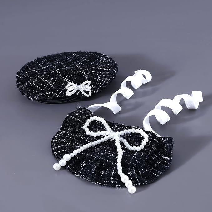 HOWWFALY 2PCS Cat Beret Hat with Pearl Bowtie, Adjustable Bandana Scarf Set Pet Princess Costume for Halloween Christmas, Cat Dog Birthday Party Apparel(Black Pearl)