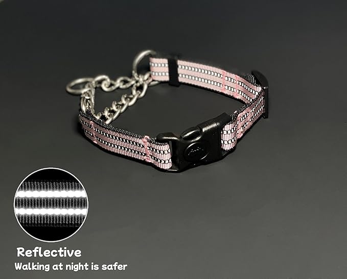 Martingale Dog Collars, Reflective Nylon Collar with Stainless Steel Chain, Adjustable Walking Training Dog Collars with Quick Release Buckle, Suitable for Small Medium Large Dogs(Pink,S)