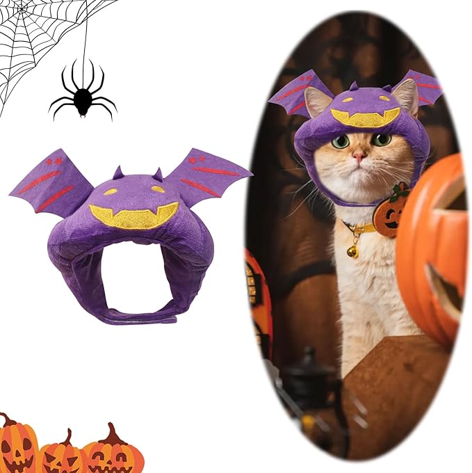 ABTOLS Halloween Dog Cat Bat Shape Hat, Adjustable Soft Small Pet Purple Bat Cap Headwear for Puppy Dogs Kittens Halloween Festival Cosplay Costume Accessory Headgear