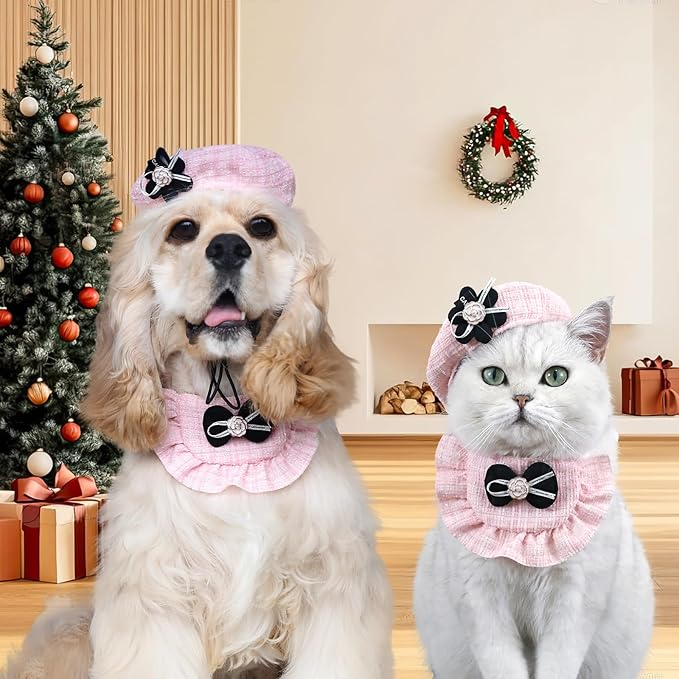 2PCS Cat Beret Hat with Camellia, Adjustable Bow Bandana Scarf Set Pet Princess Costume for Halloween Christmas, Cat Dog Birthday Party Apparel (Camellia)