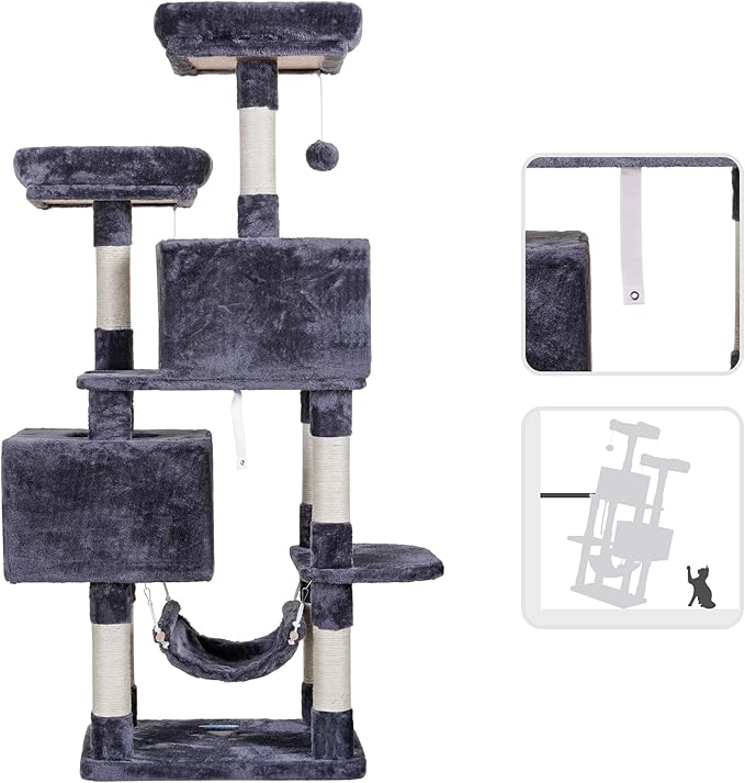 Hey-brother Multi-Level Cat Tree Condo Furniture with Sisal-Covered Scratching Posts, 2 Plush Condos, Perch Hammock for Kittens, Cats and Pets, Smoky Gray MPJ020-SG