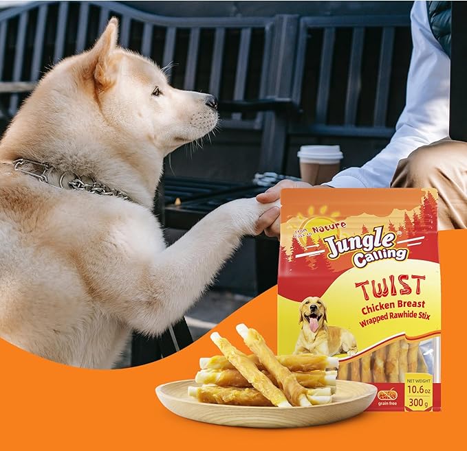 Jungle Calling Dog Treats, Chicken Wrapped Rawhide Sticks for Dogs, Grain-Free Natural Small Dogs Training Treats, Edible Pet Chew Snacks,10.6 oz