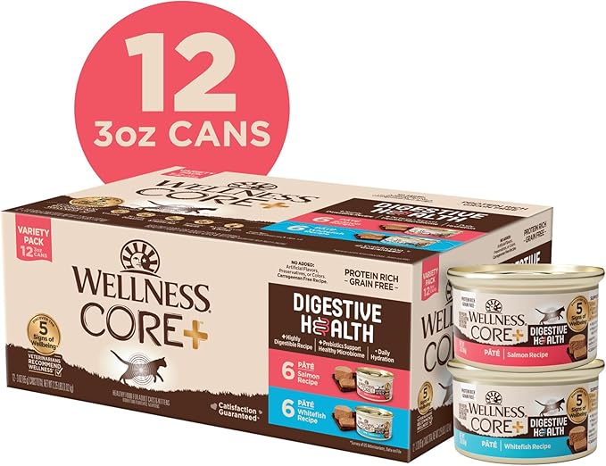 Wellness CORE+ Digestive Health Pate Adult Wet Cat Food, Natural, Protein-Rich, Grain Free, 3 Ounce, 12 Pack (Salmon & Whitefish Variety Pack)