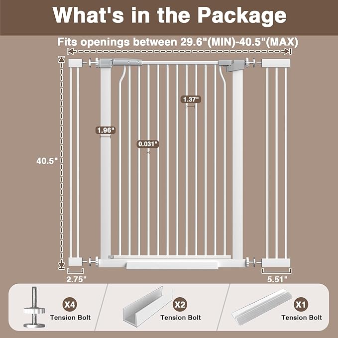 41" Extra Tall Baby Gate for Doorways and Stairs No Drill, Adjustable 29.9-40.9'' Auto Close Dog Gate Indoor, Pressure Mounted Walk Through Swing Wide Pet Gate, Tall Cat Gate with Expansion Kit, White