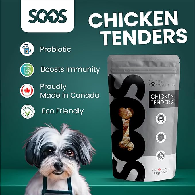 SOOS Natural Chicken Tenders Treats for Dogs & Cats - High Protein, Grain Free, Vitamin Minerals, Healthy Training Treats - 113g