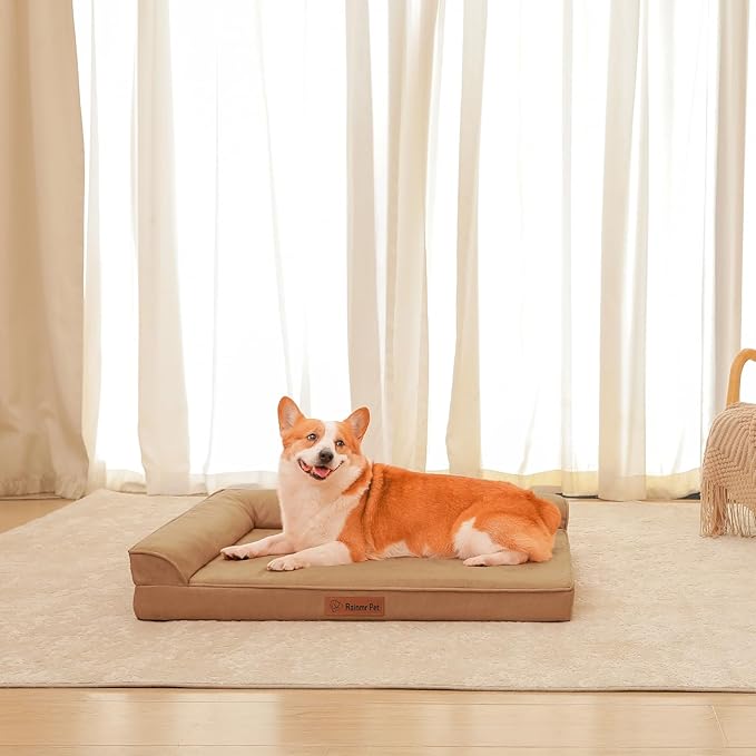 Orthopedic Dog Beds Large Sized Dog, Memory Foam Pet Bed for Medium and Large Dogs, Removable and Washable Microsuede Cover, TPU Waterproof Liner, Nonskid Bottom, 36x27x6 Inches, Khaki