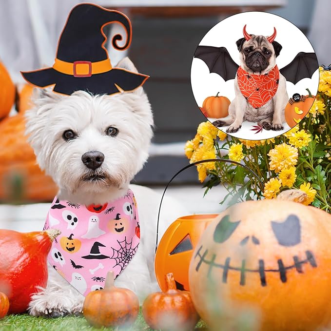 Amylove 120 Pcs Halloween Dog Bandanas Bulk Thanksgiving Day Holiday Triangle Dog Pack Puppy Kerchief Bandana Adjustable Pet Scarf for Pet Cat Costume Accessories Decor(Pumpkin)
