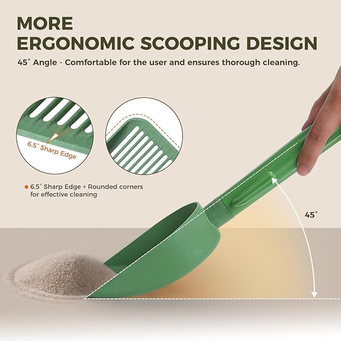 Cactus Cat Litter Scooper with Holder - 2 Replaceable Wheat Straw Plastic Shovels & ABS Handle and Box - Cat Litter Scoop with Bag & Trash Bag Storage - Premium Kitty Litter Scoop Green
