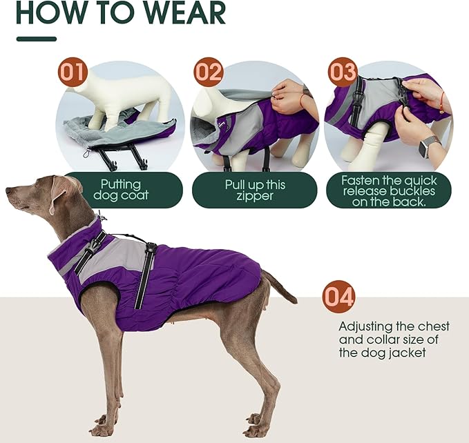 Kuoser Dog Coat, 2 in 1 Dog Jacket with Harness Built in, Winter Waterproof Puppy Puffer Jacket Snowsuit for Small Medium Large Dogs, Cold Weather Reflective Pet Fleece Vest with Zipper