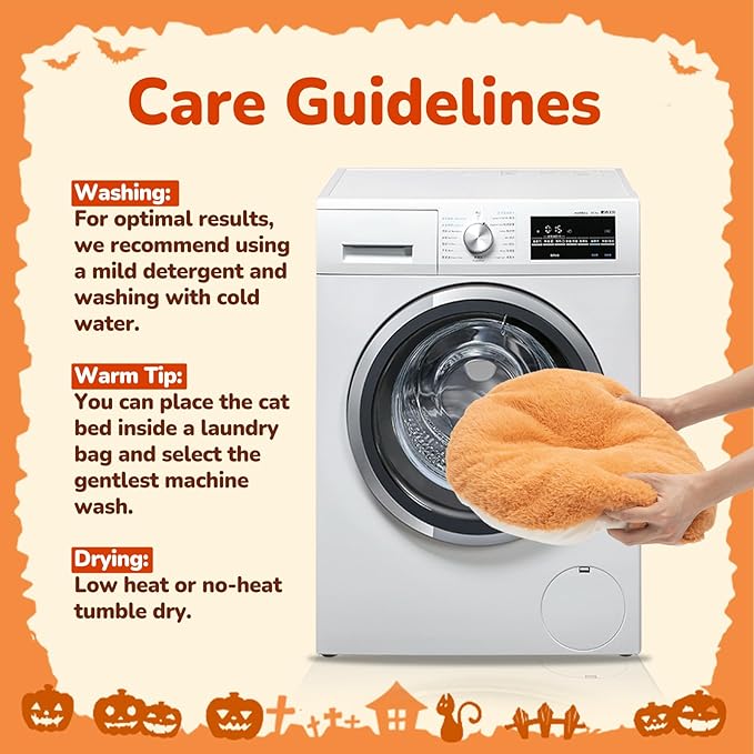 CATISM Halloween Cat Bed - Cat Bed for Indoor Cats, Cute Pumpkin Cat Beds with Warm Cushions Removable Cave with Non-Slip Bottom