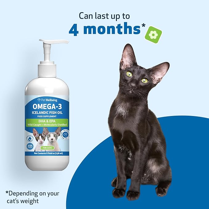 Pet Wellbeing Omega-3 Icelandic Fish Oil for Cats - Wild-Caught, Cold-Water Fish, Healthy Skin and Coat, Joint Health and Mobility, Fatty Acids, Anchovies, Sardines - EPA, DHA - 8 fl oz (236 ml)