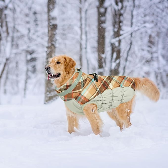 Lelepet Warm Dog Winter Coat Dog Coats for Medium Dogs Waterproof Dogs Jacket with Harness Built in Reflective Cold Weather Coats Windproof Zip-Up Winter Fleece Vest Snowsuit Dachshund Brown Plaid