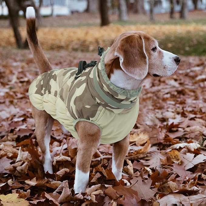 Lelepet Warm Dog Winter Coat Dog Coats for Large Dogs Waterproof Dogs Jacket with Harness Built in Reflective Cold Weather Coats Windproof Zip-Up Winter Fleece Vest Snowsuit Pitbull Desert Camo XXL