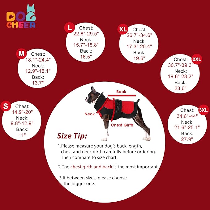 Dogcheer Dog Coat, Christmas Dog Jacket, Waterproof Turtleneck Puppy Winter Coat, Adjustable Pet Puffer Jacket, Reflective Warm Fleece Coats for Small Medium Large Dogs - Red, L