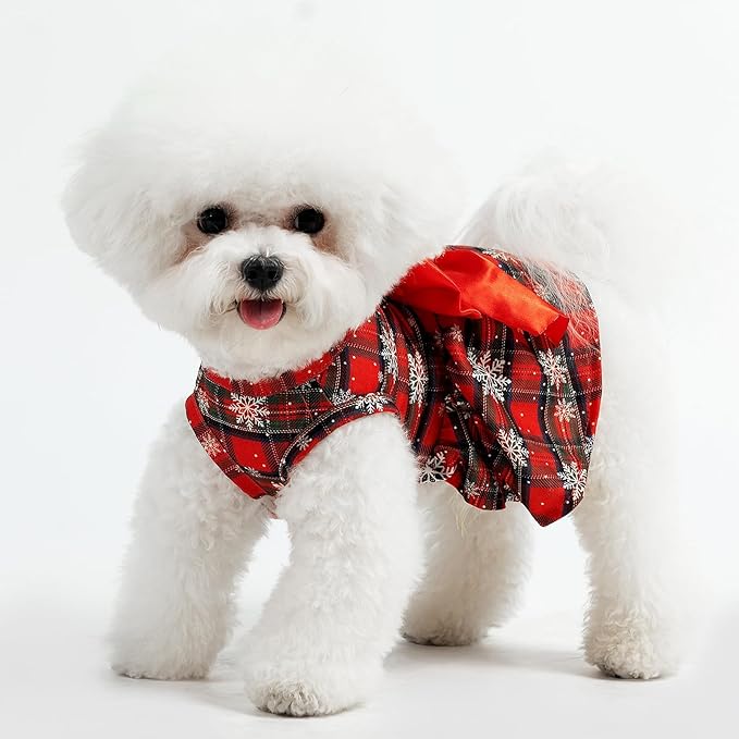 PUPTECK Plaid Dog Christmas Dress Cute Puppy Costume Outfit Small Dogs Clothes with Bowknot Skirt, Snow, L