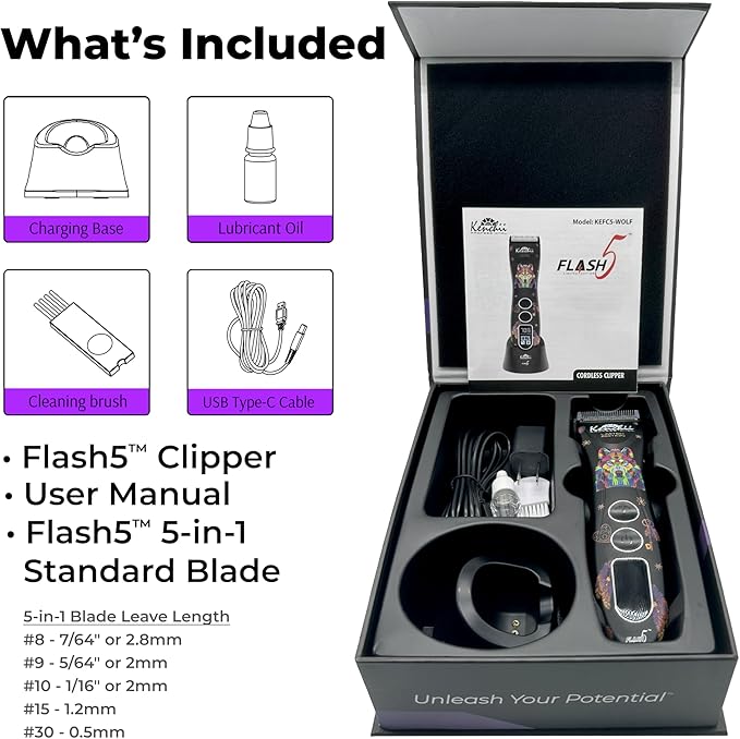 Kenchii Flash 5 Wolf Limited Edition - 5-in-1 Digital Cordless Clipper - Precision Pet Grooming: Trim, Shape, and Style Effortlessly USB-C Charging (Black)