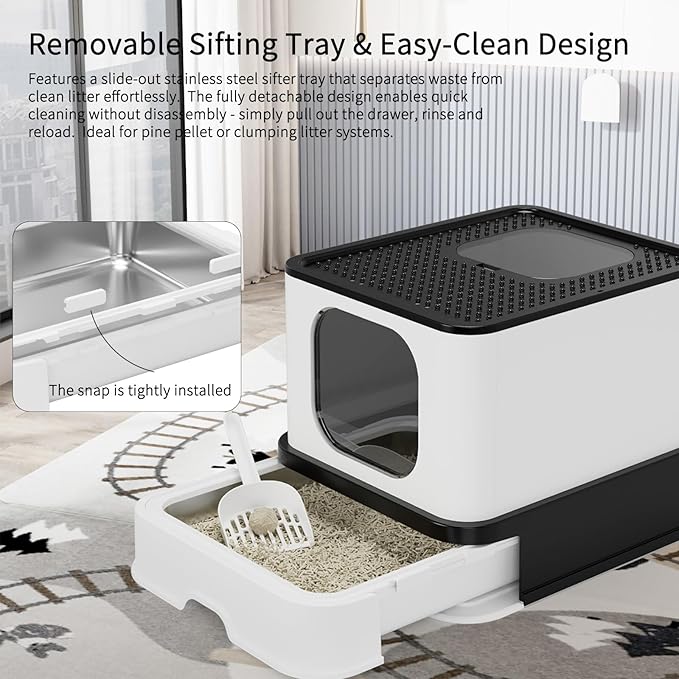 RIZZARI Stainless Steel Litter Box: Extra Large Design Prevents Leaks - Black Enclosed Cat Pan - Odors Control for Cats Under 25 lbs - Bathroom Living Room Use