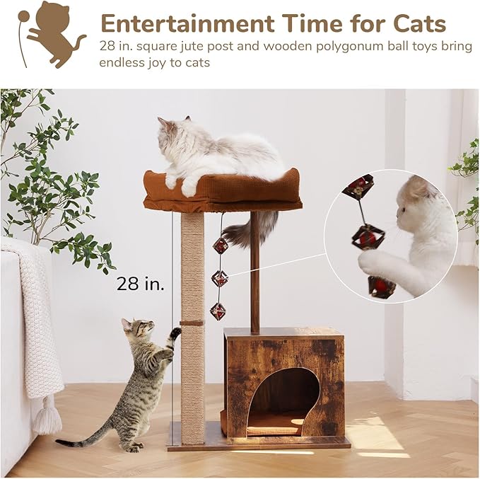 FUKUMARU Cat Scratching Post, Modern Style Cat Tree with Unique Square Post, Wooden Cat Tower with silvervine Balls, Retro Cat Condo Scratcher for Indoor Cats(Solid Wood)