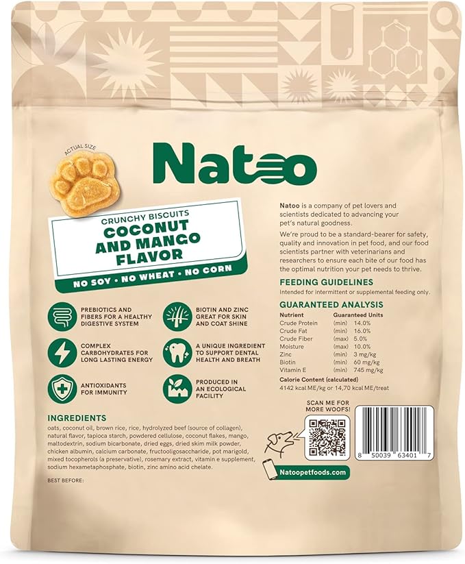 NATOO Biscuits for Small Dogs - Crunchy Treats Coconut & Mango – Healthy Natural Dog Biscuits, Rich in Omega 6, Prebiotics & Fibers, Antioxidants for Immunity (Puppies, 8 oz)