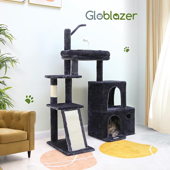 Globlazer Cat Tower for Adult Indoor Cats, 50-inch Heavy Duty Cat Tree for Big Cats, Cat Tree House with Extra-Large Padded Platform, Sisal Scratching Board, 2 Large Condos, F50, Dark Grey