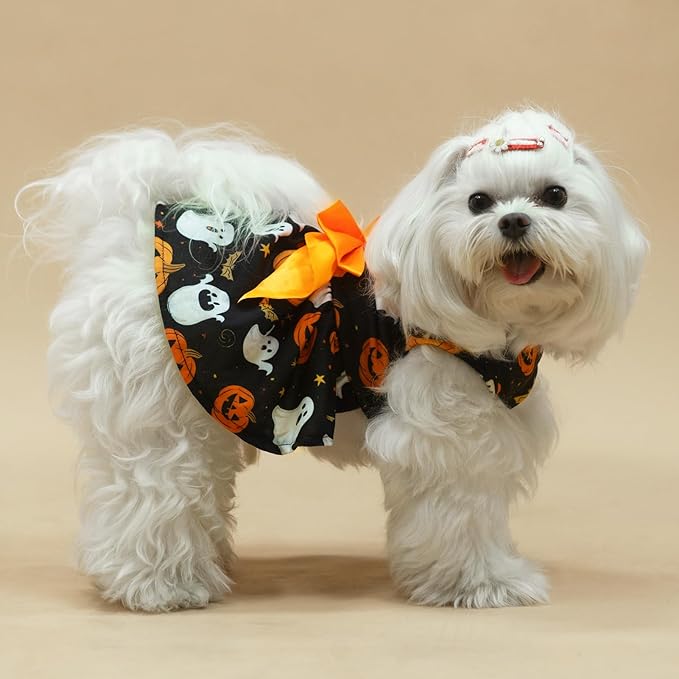 PUPTECK Print Dog Halloween Dress Pet Costumes Apparel with Cute Bowtie Puppy Clothes Outfit, Ghost, L