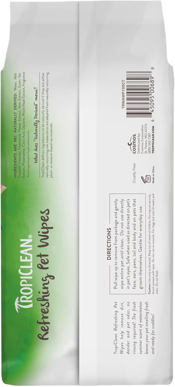 TropiClean Watermelon Dog Wipes for Paws and Bottom | Deep Cleaning Dog Grooming Wipes | Safe for The Face | Cat Friendly | 100 Count