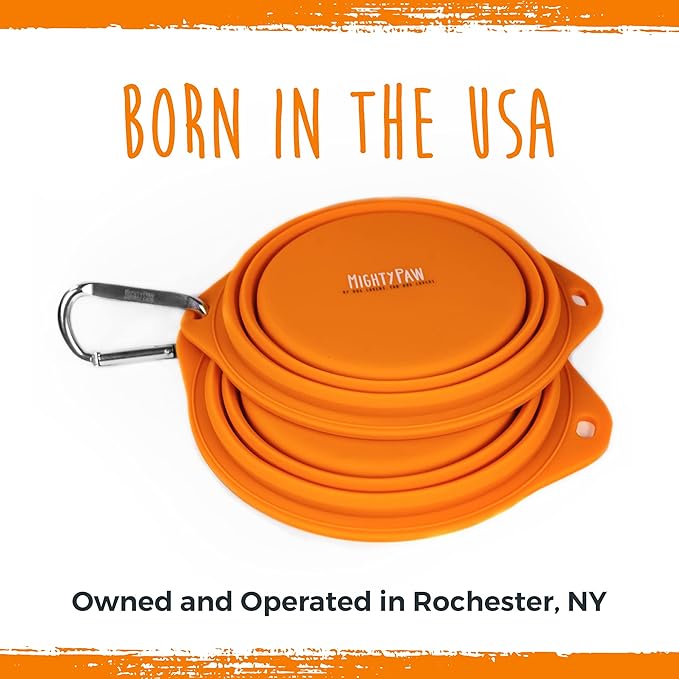 Mighty Paw Collapsible Travel Dog Bowl Set - Silicone Food and Water Bowls - Bonus Carabiner Clip - Ideal Hiking - Camping - Walking - Lightweight - Leak-Proof Dog Set - Orange - 2 Pack (27 oz)