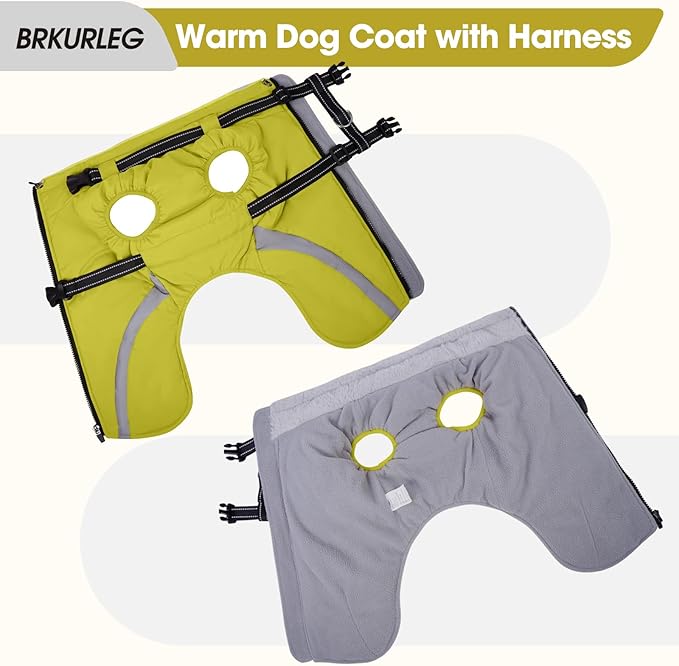 BRKURLEG Dog Winter Jackets for Medium Dogs, Dog Coat with Harness Built in, Dogs Snowsuits with Zipper, Waterproof Windproof Pet Puffer Jacket Fleece Vest for Beagle, Pug, Green L