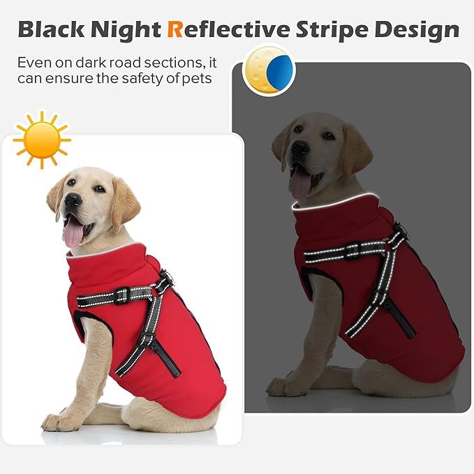 Dog Winter Coat with Harness Built-in | Waterproof Dog Jacket with Zipper & Fleece Lining | Reflective Cold Weather Coat for Small Medium Large Dogs