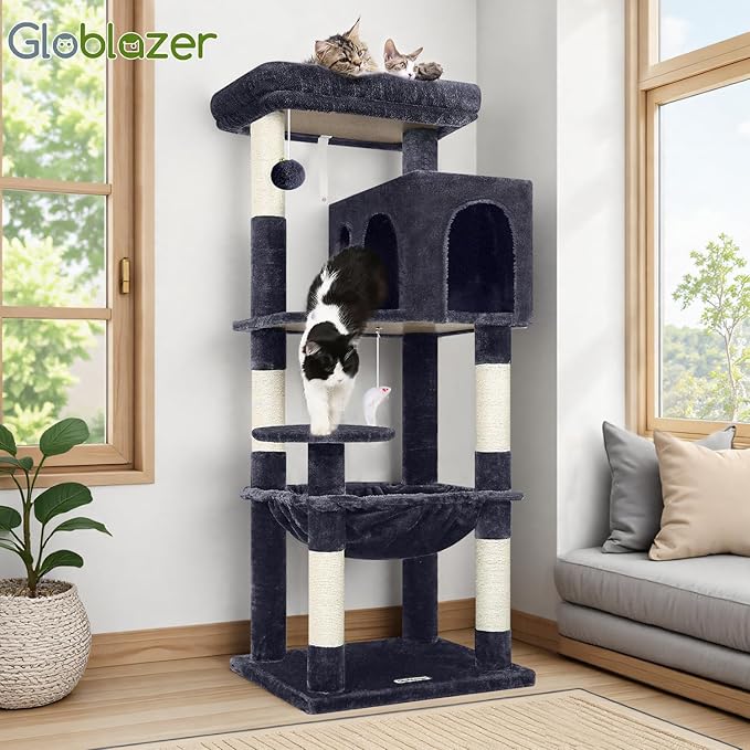 Globlazer Cat Tree Tower with Scratching Post for Indoor Cats, 53inch Tall Plush Multi-Level Cat Climbing Tower Condo House with Large Hammock, Spacious Cat Condo, Big Padded Top Perch, F53, Dark Gray