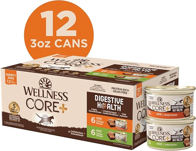 Wellness CORE+ Digestive Health Pate Adult Wet Cat Food, Natural, Protein-Rich, Grain Free, 3 Ounce, 12 Pack (Chicken & Turkey Variety Pack)