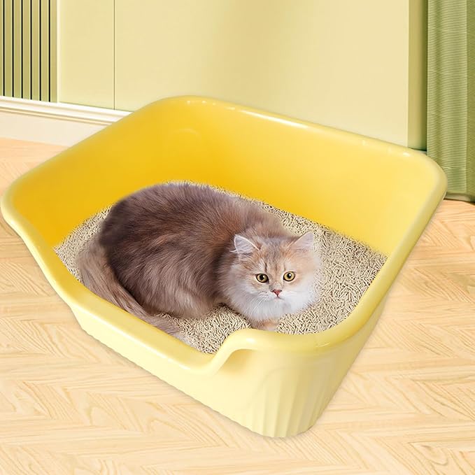 Large Cat Litter Box with High Sides,17.5"x15"x8.9" Open Top Cat Litter Pan Anti Splashing Non-Stick Litter Tray Low Entry Cat Litter Boxes Jumbo Kitty Litter Toilet Easy Clean for Cats(Yellow)