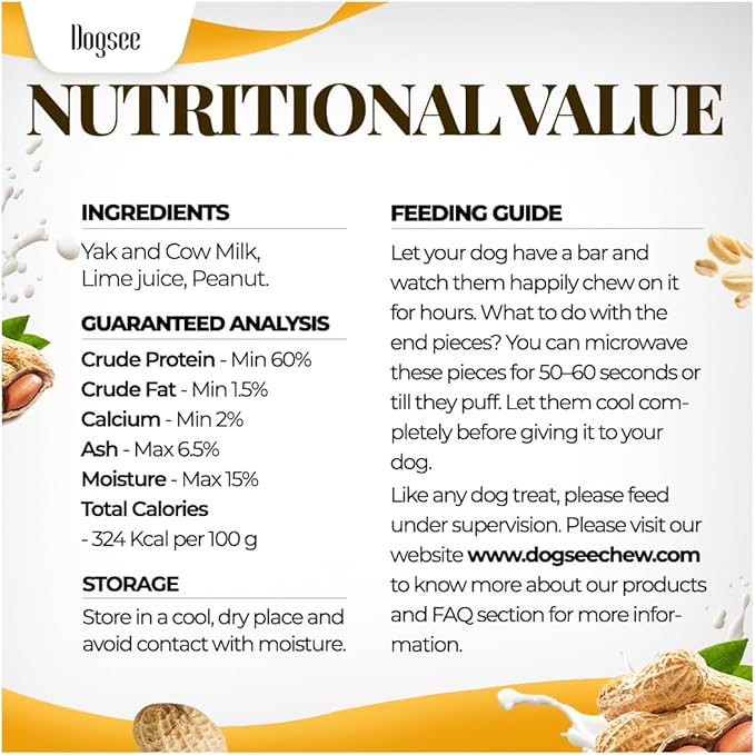 Dogsee Himalayan Yak Chew with Peanut Butter 1lb (Large - 4 Chews) | Support Muscle Growth in Dogs | Fights Plaque & Tartar | Dog Treats Healthy | Dog Chews for Teeth Cleaning