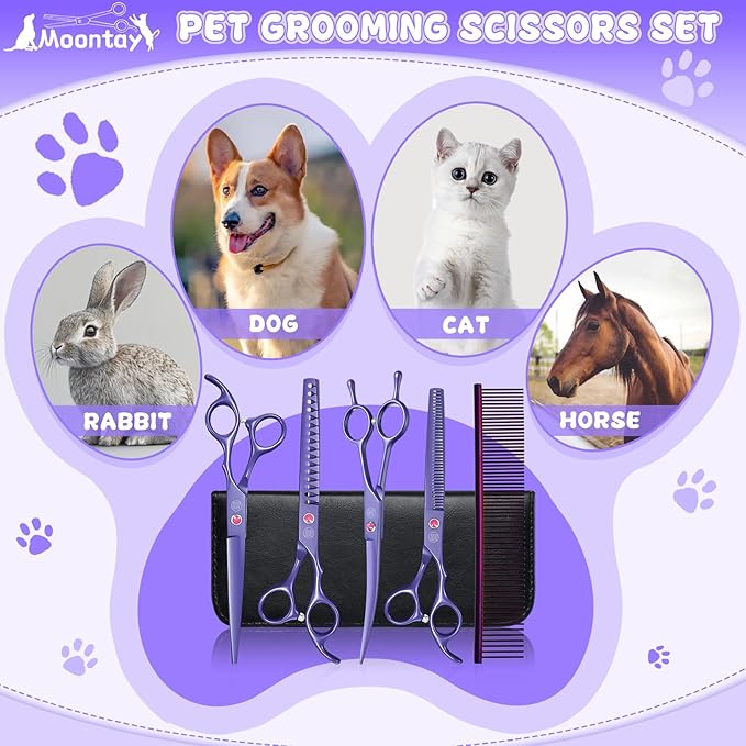 Professional Dog Grooming Scissors Set, 7 Inch/8 Inch Pet Grooming Scissors Chunkers Shears for Dog, Curved Dog Grooming Scissors, Thinning Shears for Dog with Grooming Comb