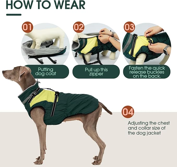 Kuoser Dog Coat, 2 in 1 Dog Jacket with Harness Built in, Winter Waterproof Puppy Puffer Jacket Snowsuit for Small Medium Large Dogs, Cold Weather Reflective Pet Fleece Vest with Zipper