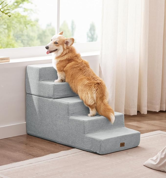 Made4Pets Dog Stairs for High Bed, Extra Wide Pet Stairs for Bed Couch Sofa, 35D Foam Pet Steps for Small Dogs and Cats(Up to 40lbs), Non-Slip Bottom Dog Steps, Light Grey, 5 Steps