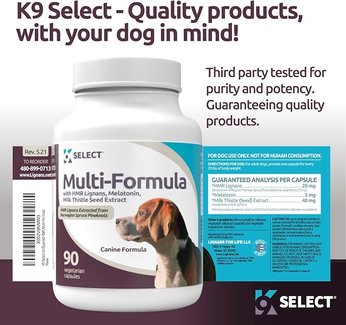K9 Select Multi-Formula Dog Vitamins for Medium Dogs - 20mg HMR Lignans, 2mg Melatonin, 40mg Milk Thistle - Helps Heart, Liver, Digestion & Coat Health, Dog Multivitamin, 90 Capsules
