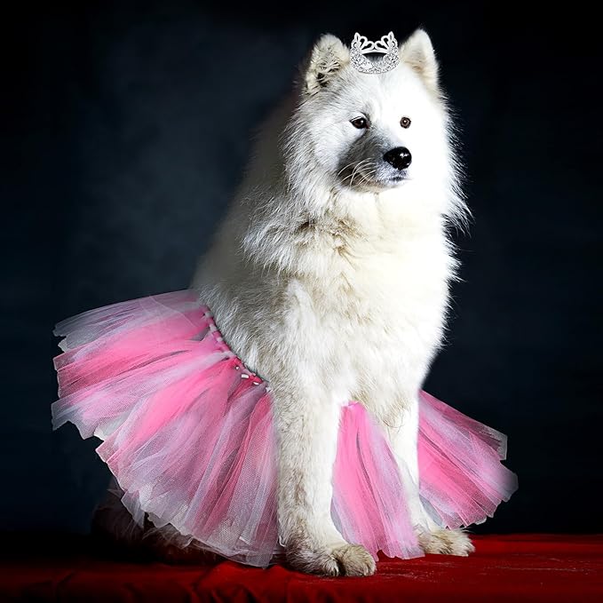 2 Pcs Dog Crown Headband Dog Tutu Dress Set Crystal Rhinestone Tiara Crown Tutu Skirt Pet Dress Costume for Puppy Birthday Party Wedding Photo Prop Costume(Large,Rose Red, White)