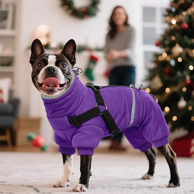 BRKURLEG Purple Dog Coat with Harness, Dog Winter Jacket, Dogs Onesie Body Warm Jackets, Small Dogs Winter Coats Reflective Windproof Warm Cold Weather Coats, Pet Waterproof Jackets, L