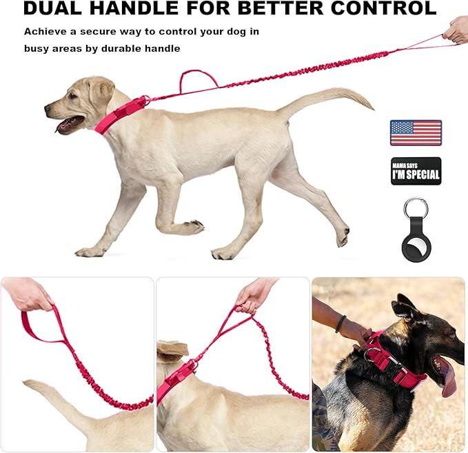 Tactical Dog Collar and Bungee Leash Set, Adjustable Military Training Nylon Dog Collar with Controll Handle and Heavy Metal Buckle,with USA American Flag, Patches and Airtags Case(Pink, L)