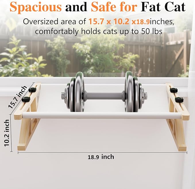 Tresbro 2-in-1 Cat Window Perch & Elevated Cat Hammock, 18.9''L × 15.7''W × 10.2" H Wooden Frame Pet Bed for Indoor Cats, Easy Setup, Adjustable, No Drilling, Cats Perch for Window, Bedside, Ground